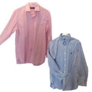 Lot of 2 Ralph Lauren Men's Button Down Shirt Size 16 Blue Striped Pink Cotton
